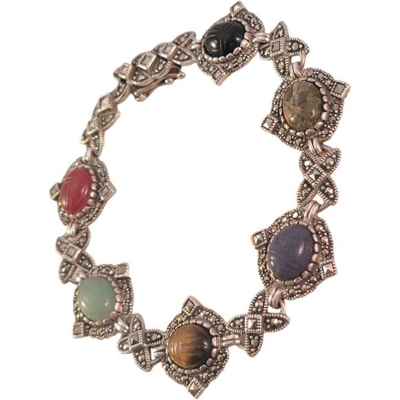 Sterling Multi Stone Cabochon Marcasite Link Bracelet - Picture 2 of 9